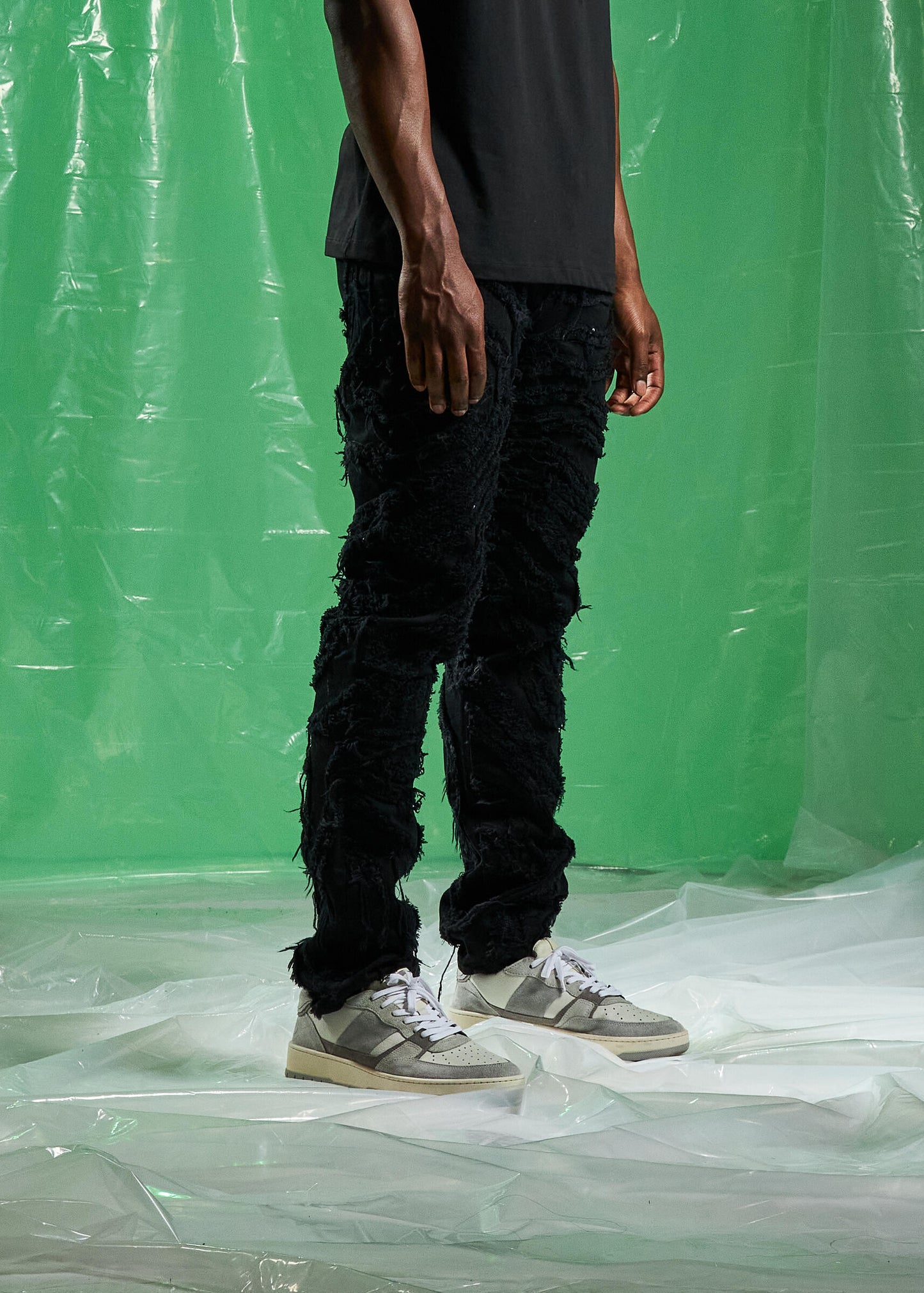 Front view of Embellish Jenson Black Ripped Denim Jeans featuring a slim fit and classic five-pocket design