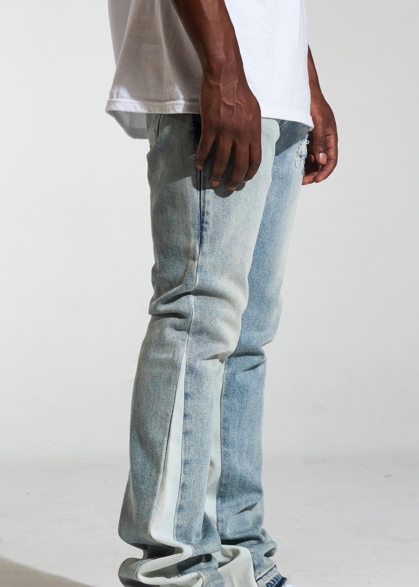 Close-up of Crysp Denim Arch Light Wash Stacked Denim Jeans fabric