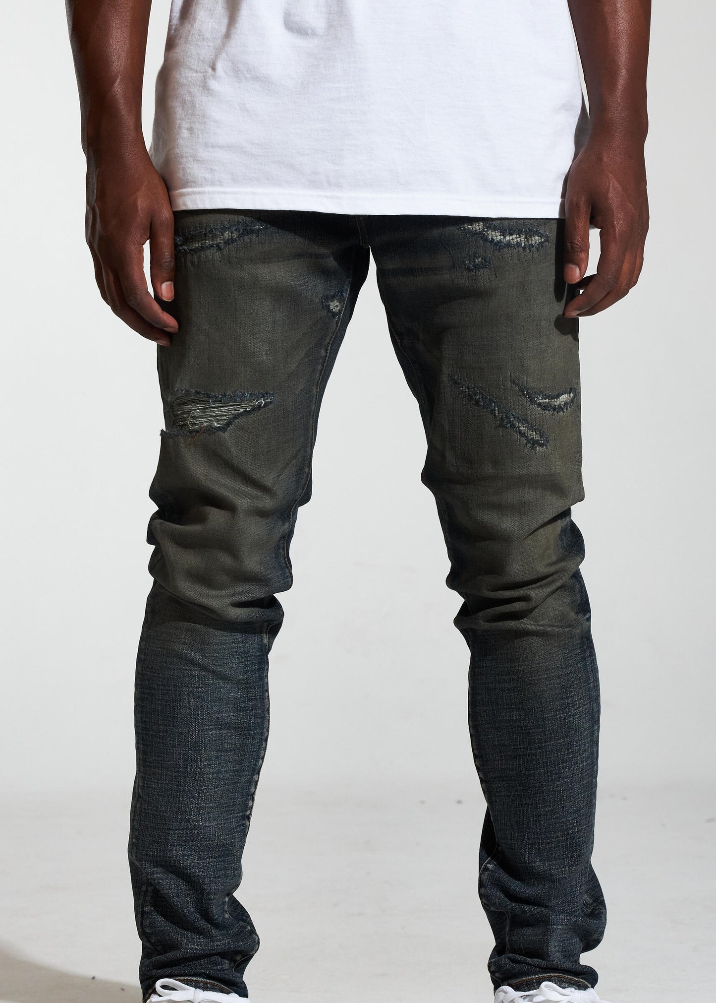 Crysp Denim Avenue Dark Indigo Stacked Denim Jeans styled with a black leather belt