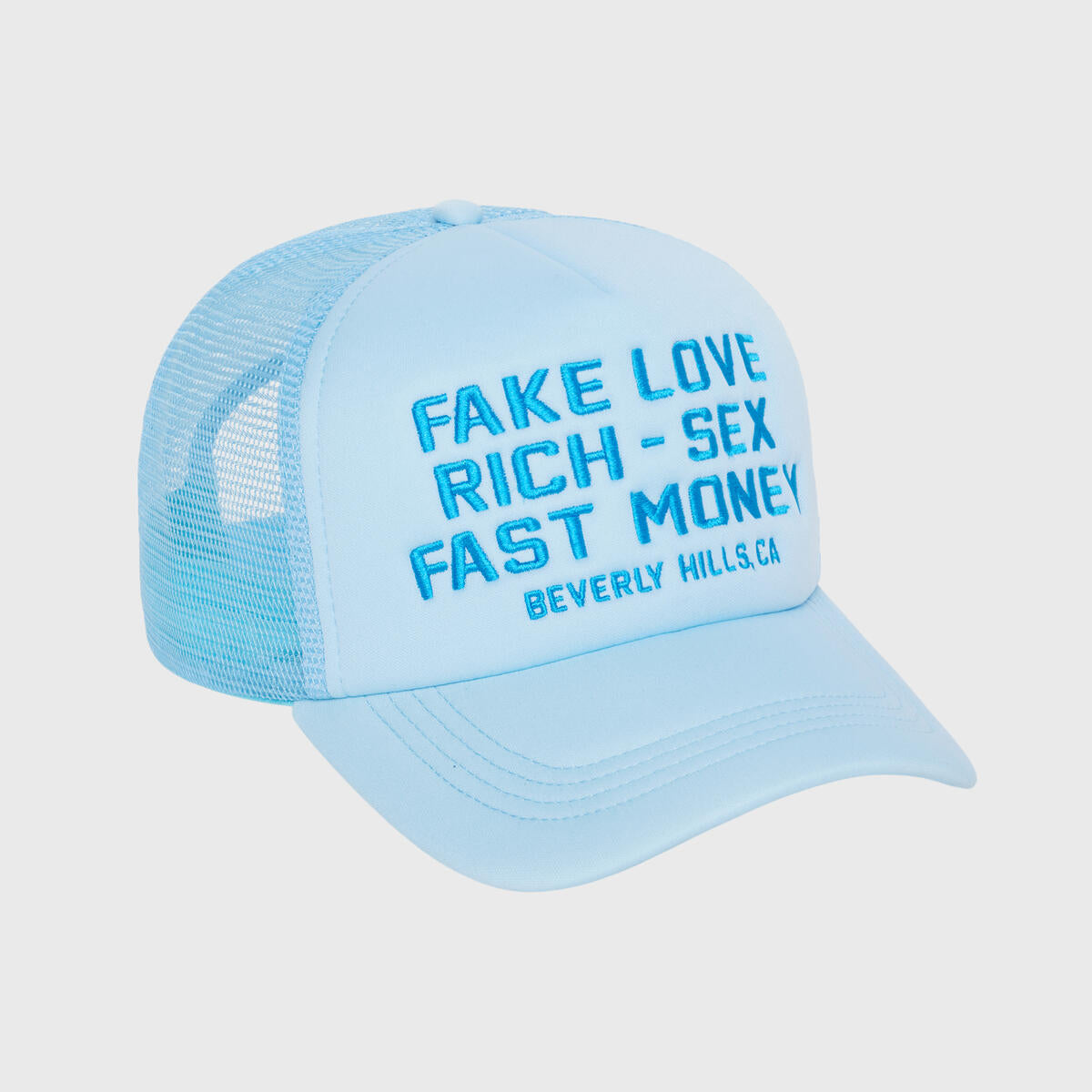 Signature Fake Love Embroidery on baby blue classic trucker hat