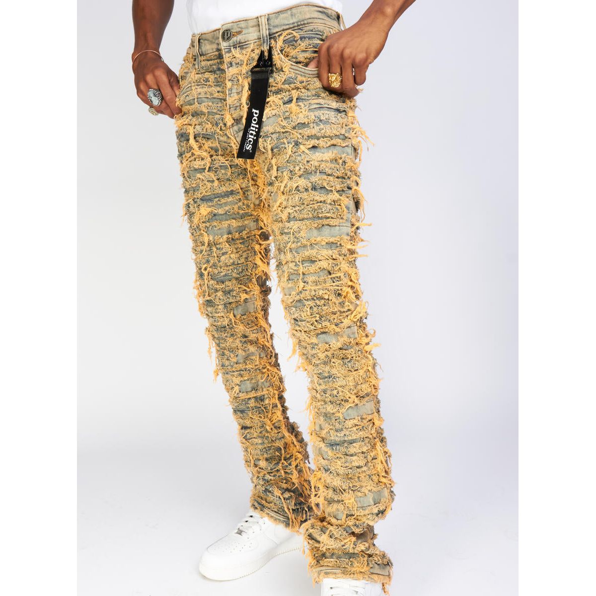 Dark vintage thrashed distressed stacked flare jeans with debris510 logo