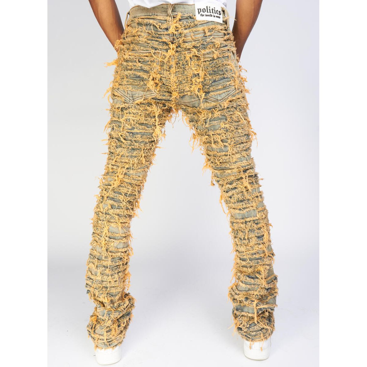 Dark vintage thrashed distressed stacked flare Politics Jeans with debris details (Debris510) for a trendy and edgy look