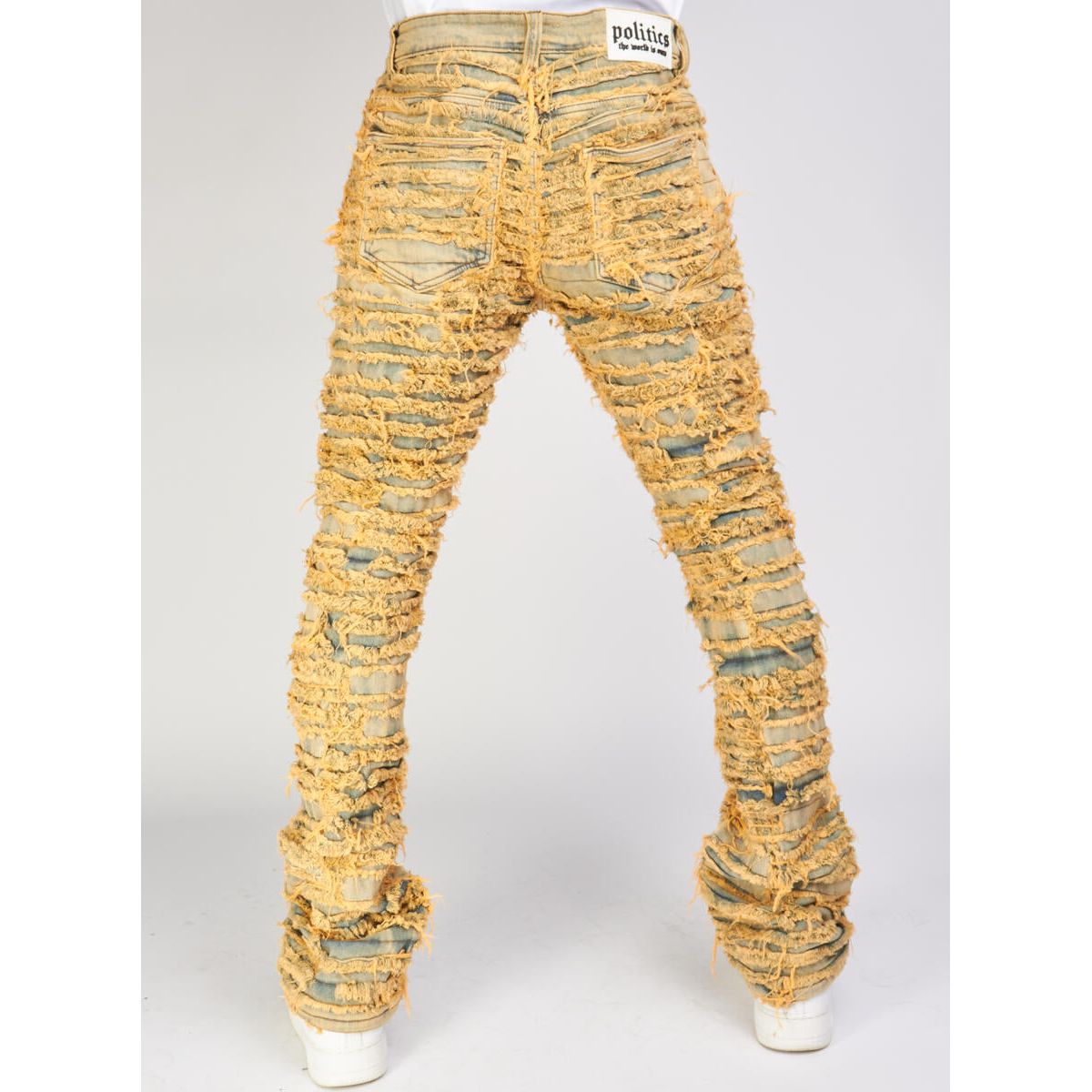 Detailed image of the sandblasted and distressed finish on Politics Jeans Sandblast Thrashed Distressed Stacked Flare (Debris509) for a unique and edgy look