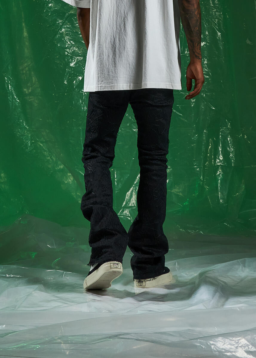 EMBSPR224-043 Black Denim Jeans with Unique Spider Flare Hem