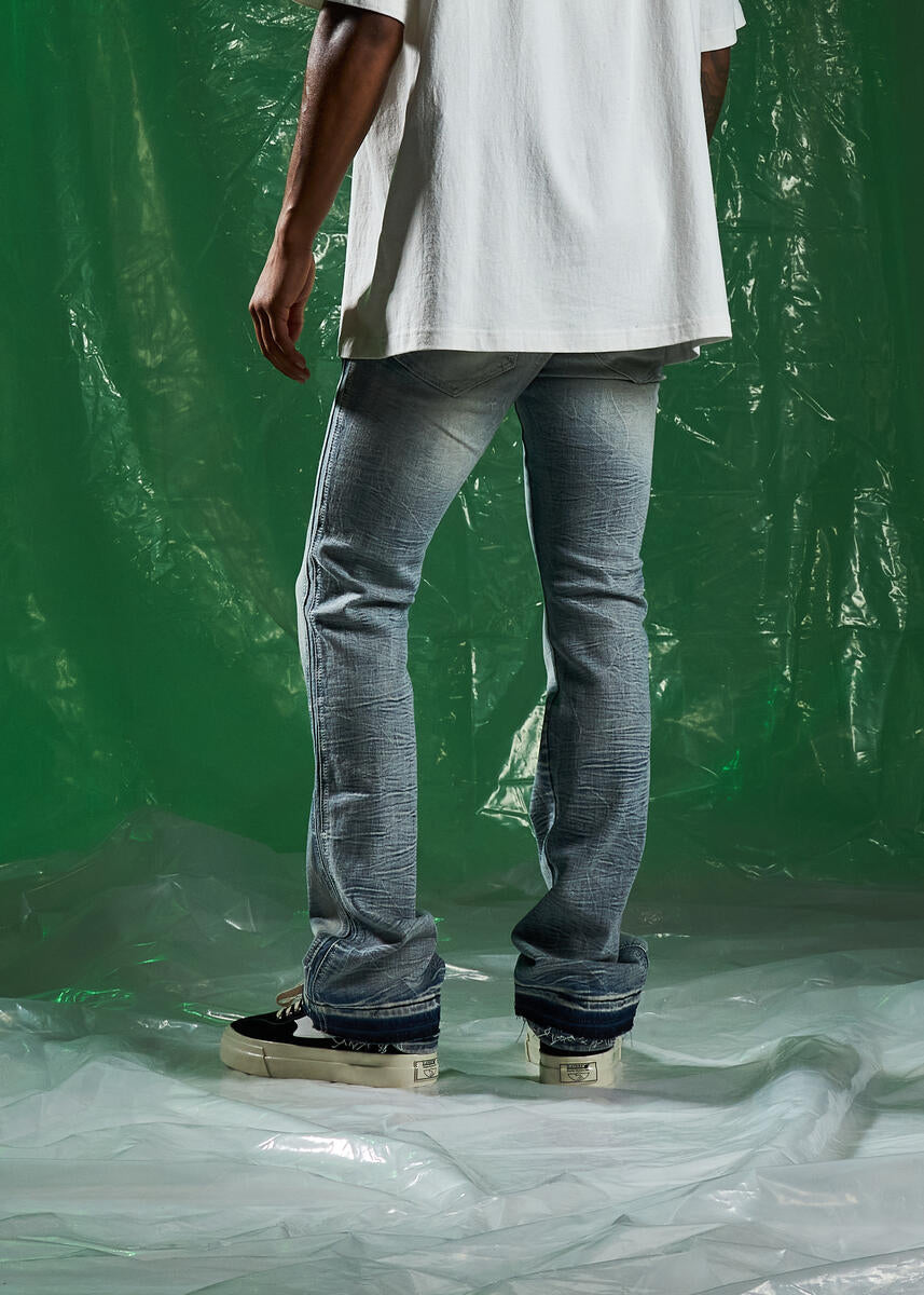 Embellish Nixon Stonewash Denim Jeans (EMBSPR224-032) back view, slim fit, and trendy distressed accents