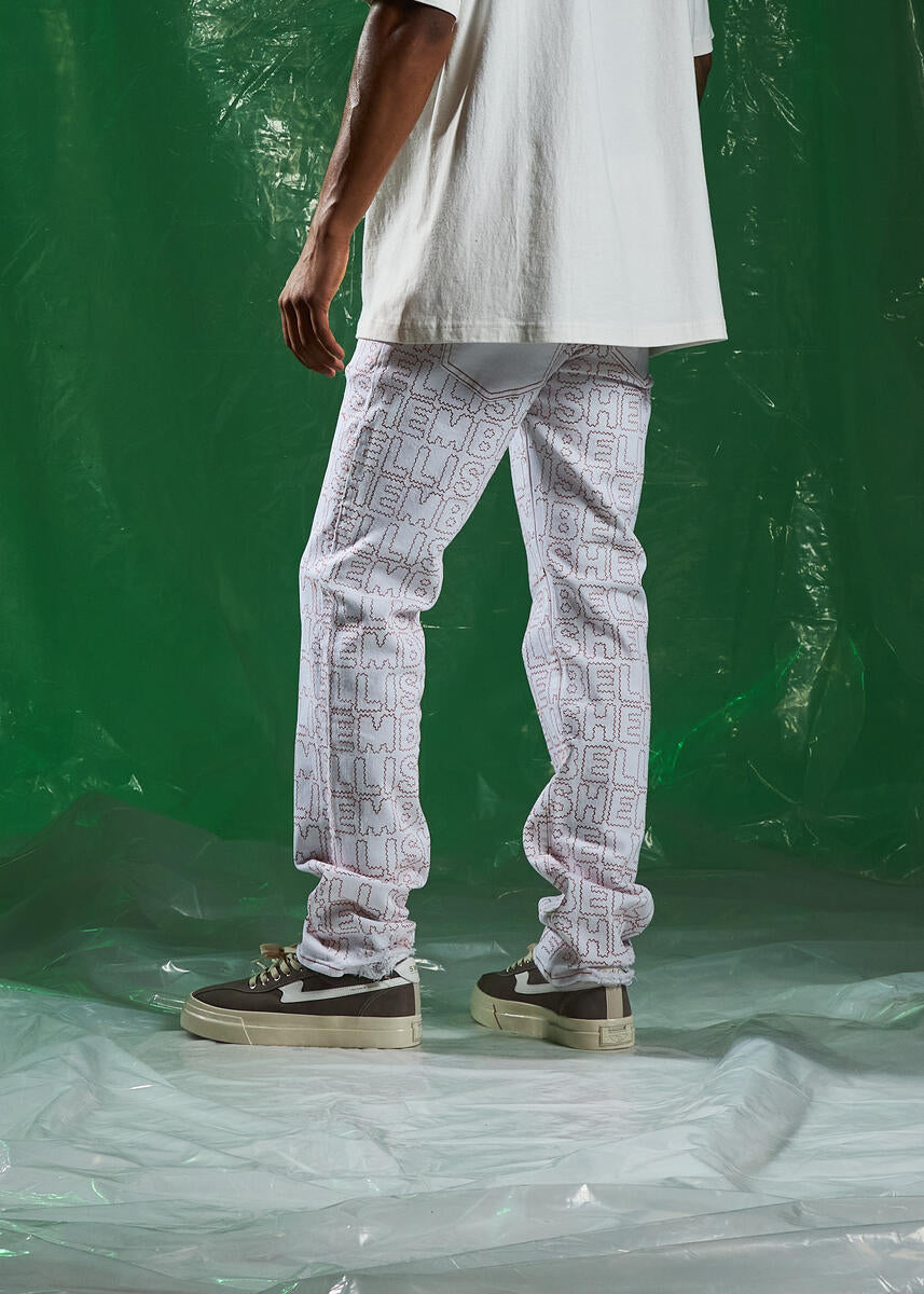 EMBSPR224-022 White Denim Jeans featuring intricate embellishments and whiskering