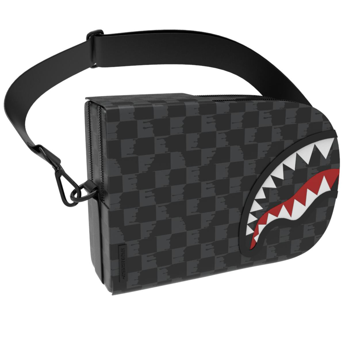 Black and white Sprayground Drip Check Shark Backpack Sling (B6569) with adjustable straps and multiple compartments for urban fashion and everyday use