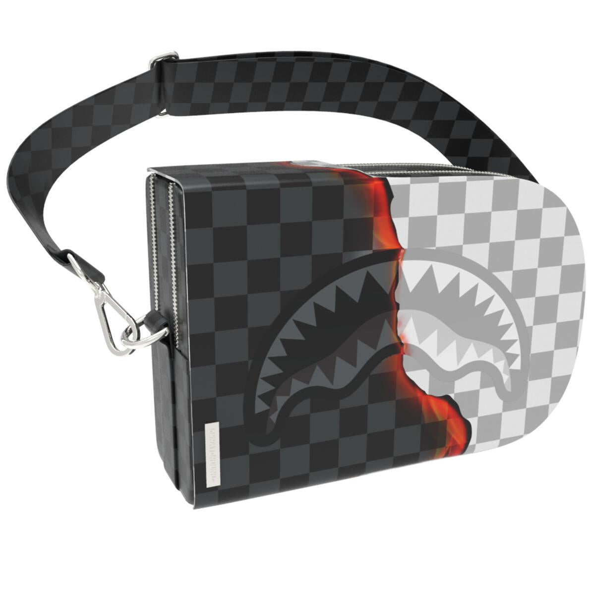 Black and red Sprayground Ring Of Fire Sling Backpack (B6479) with fiery pattern and adjustable straps