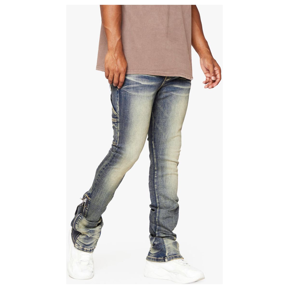 Valabasas Streamline DK Vintage Wash Stacked Denim Jeans front view with distressed details and stacked fit