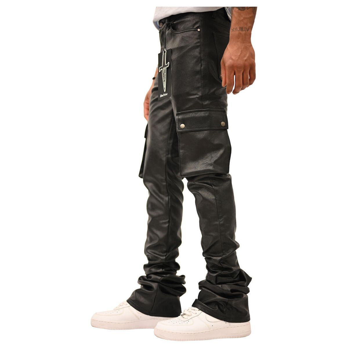 Black PU vegan leather jeans by Doctrine Carter, perfect for edgy and eco-conscious fashion lovers