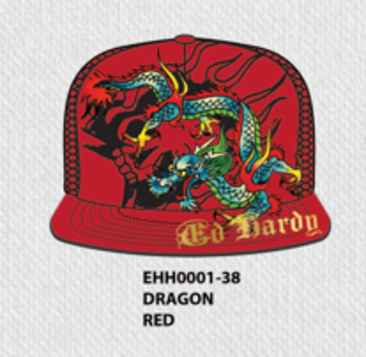 Embroidered red Ed Hardy trucker hat featuring a dragon design
