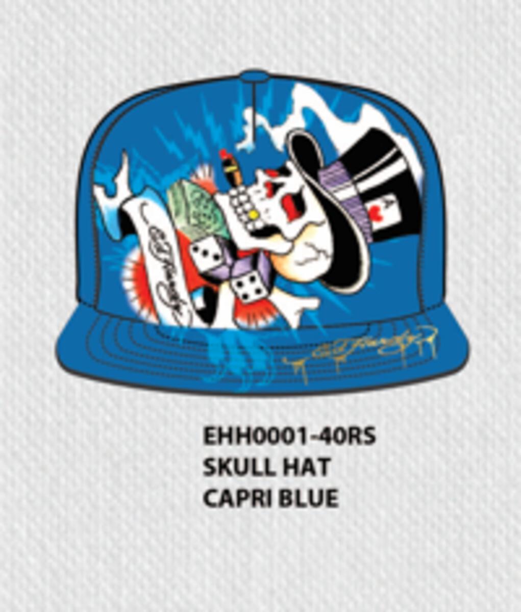 Navy Ed Hardy trucker hat with adjustable snap closure and embroidered heart skull design