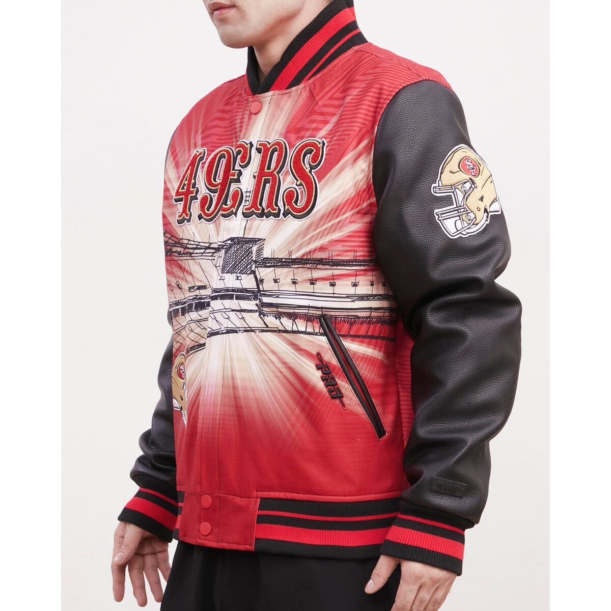 Pro Standard San Francisco 49ers Remix Varsity Jacket - Black/Red/Black (FS46410231-BRK) back view with embroidered team name