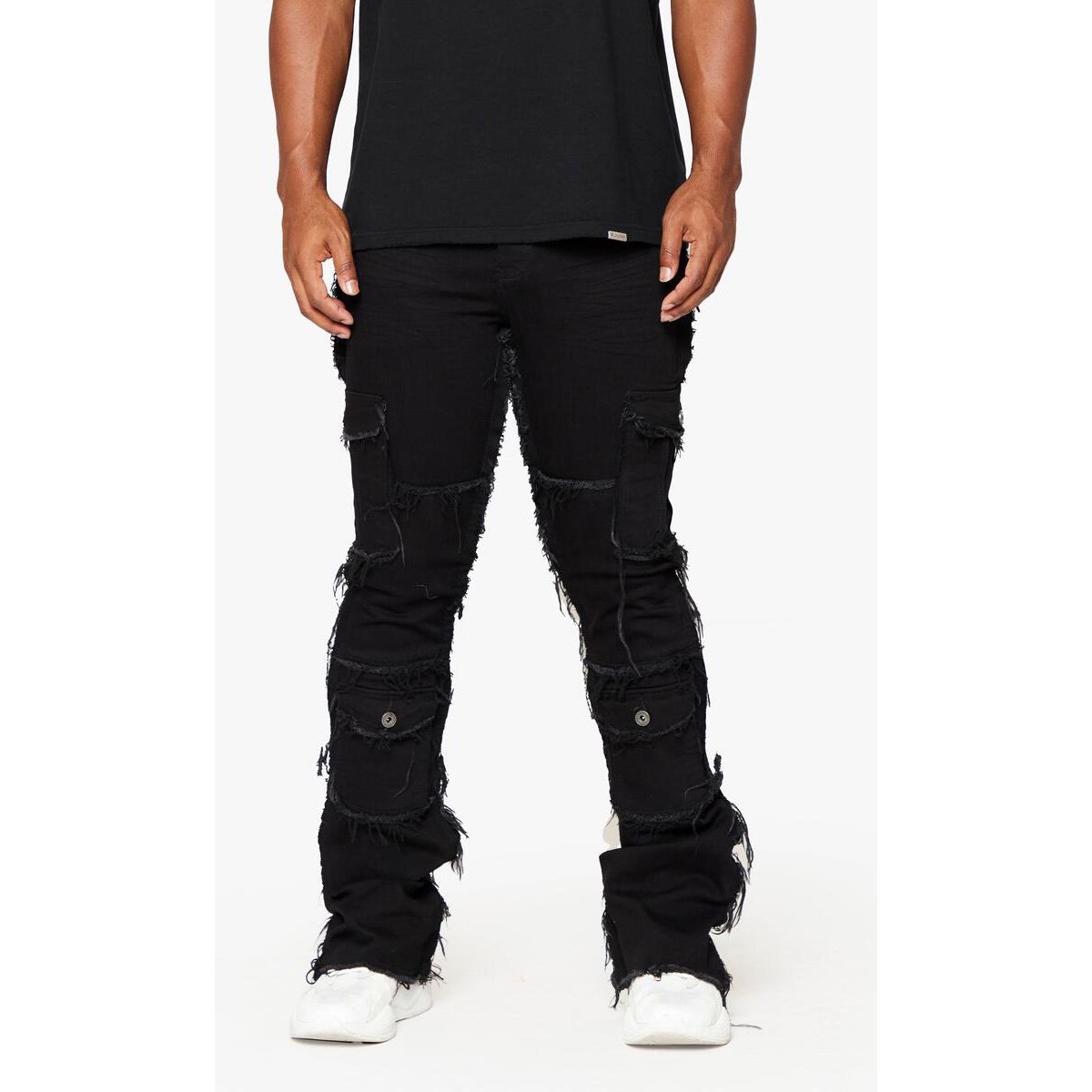 Close-up of the front pocket and belt loops of Valabasas Aegerine Jet Black Stacked Flare Denim