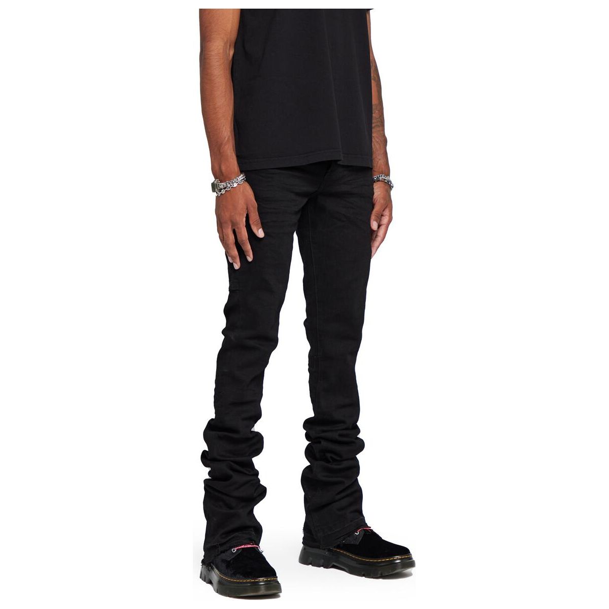 Trendsetting Valabasas Mr Extendo Super Stacked Black Denim Jeans with unique wash and bold finishing touches