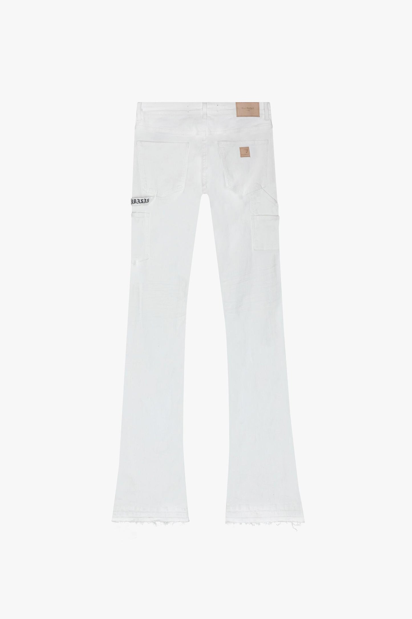 Close-up image of Valabasas Mr Extendo White Super Stacked Flare Denim Jeans showing quality stitching and unique pocket design