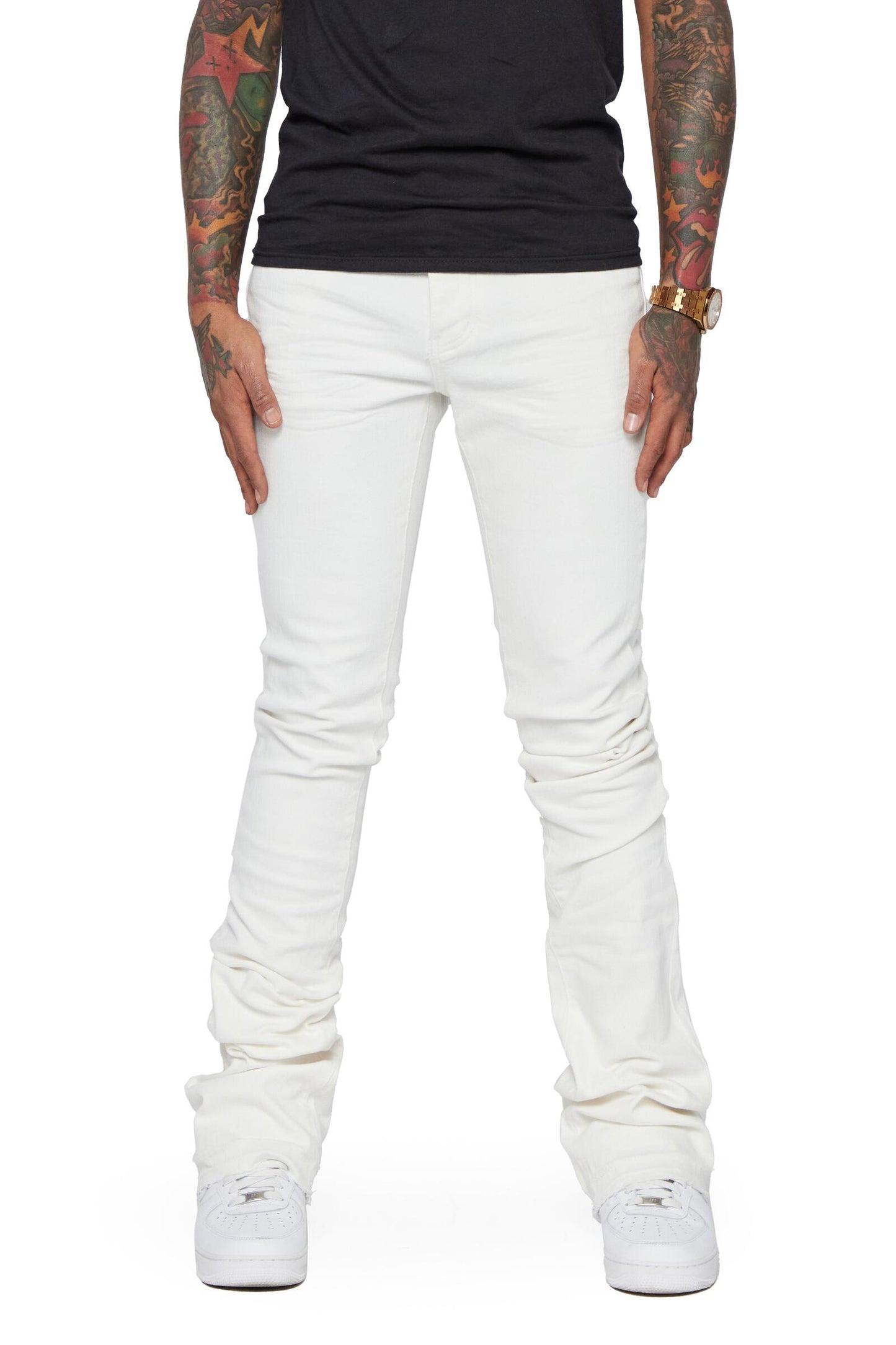 Valabasas Mr Extendo White Super Stacked Flare Denim Jeans with distressed details and frayed hems