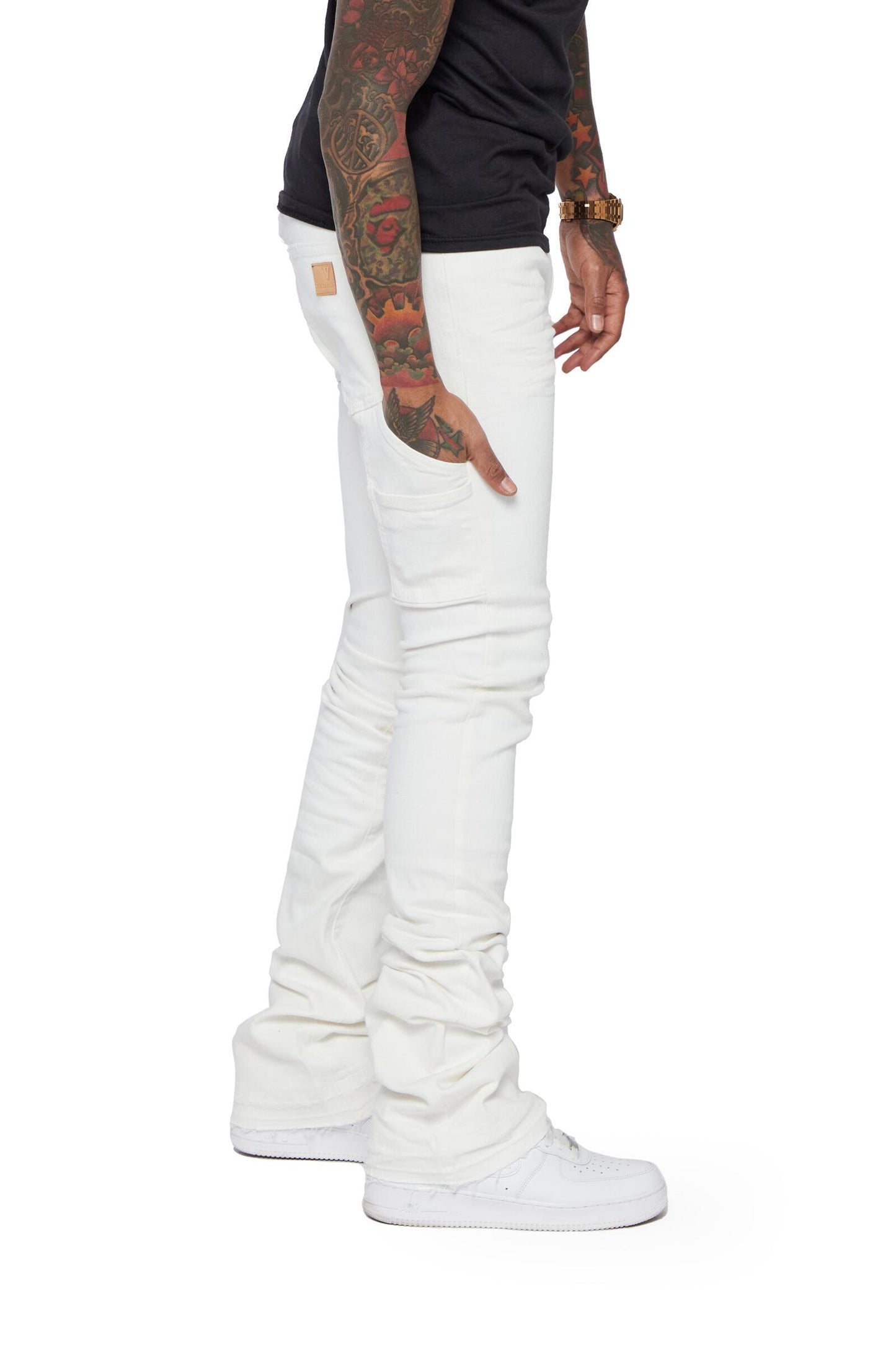 Valabasas Mr Extendo White Super Stacked Flare Denim Jeans made with high-quality, stretch denim fabric for a comfortable fit