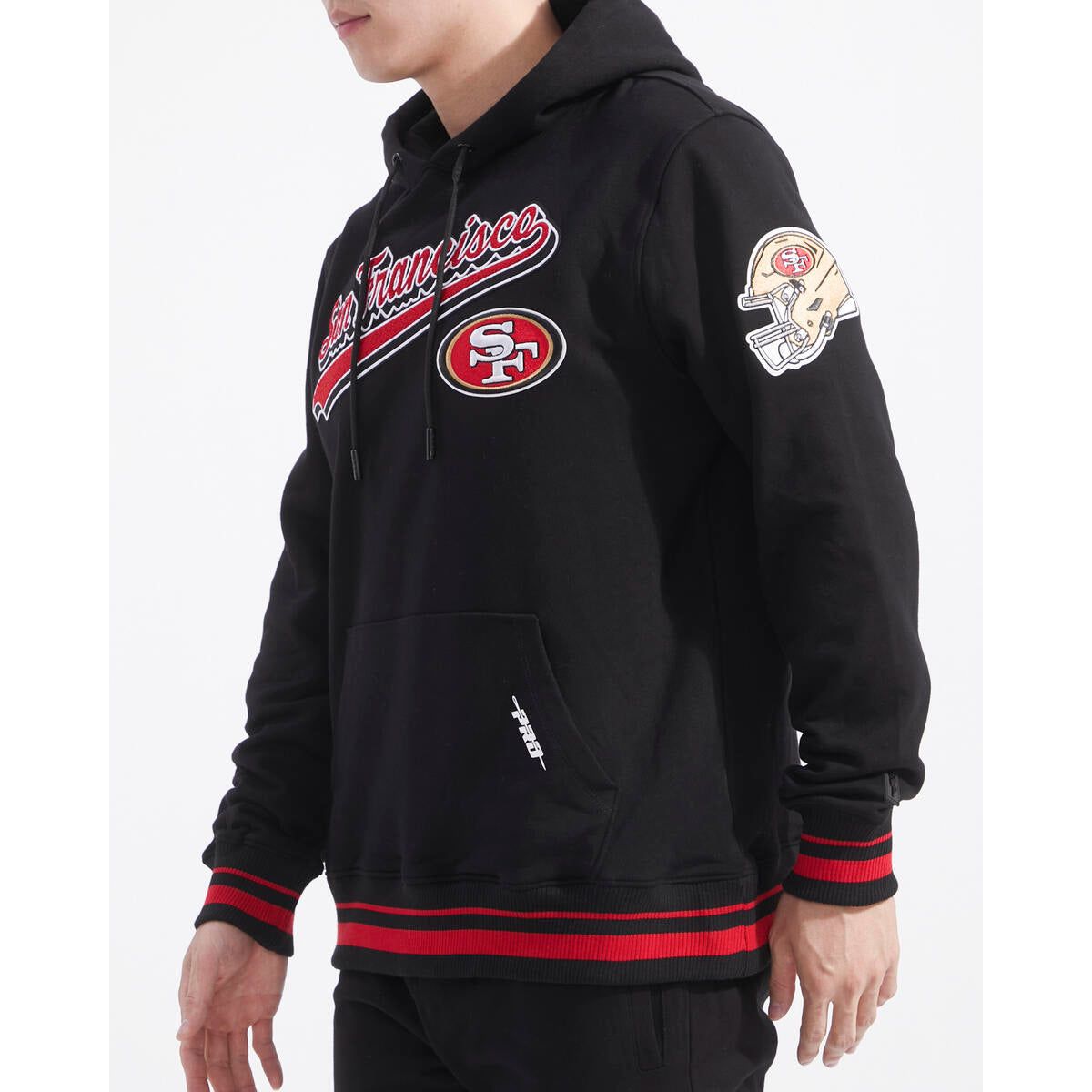Black and red San Francisco 49ers Script Tail Rib Hoodie with Pro Standard logo