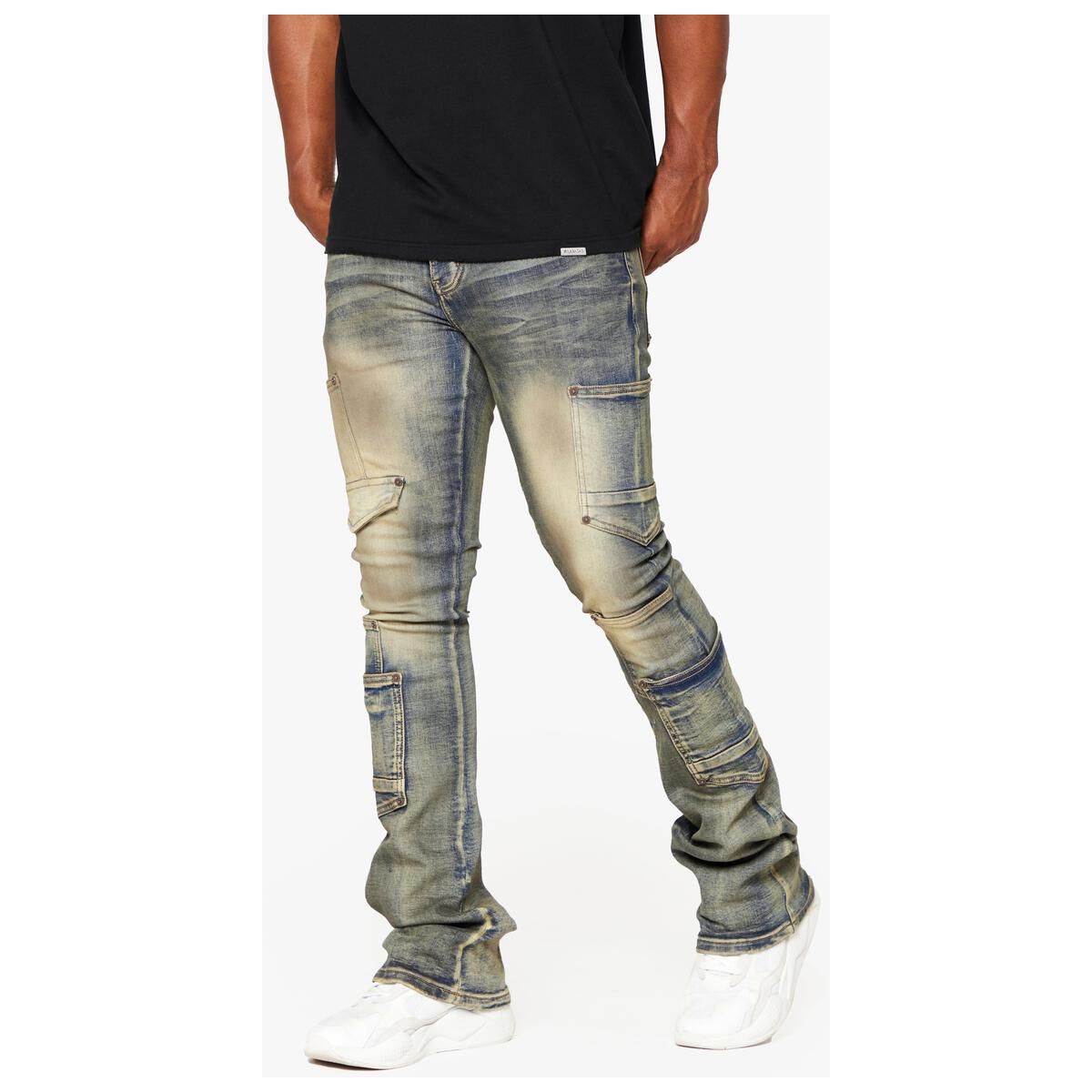 Valabasas Pocros Light Vintage Wash Stacked Flare Denim jeans in medium blue with distressed details and a high-rise fit