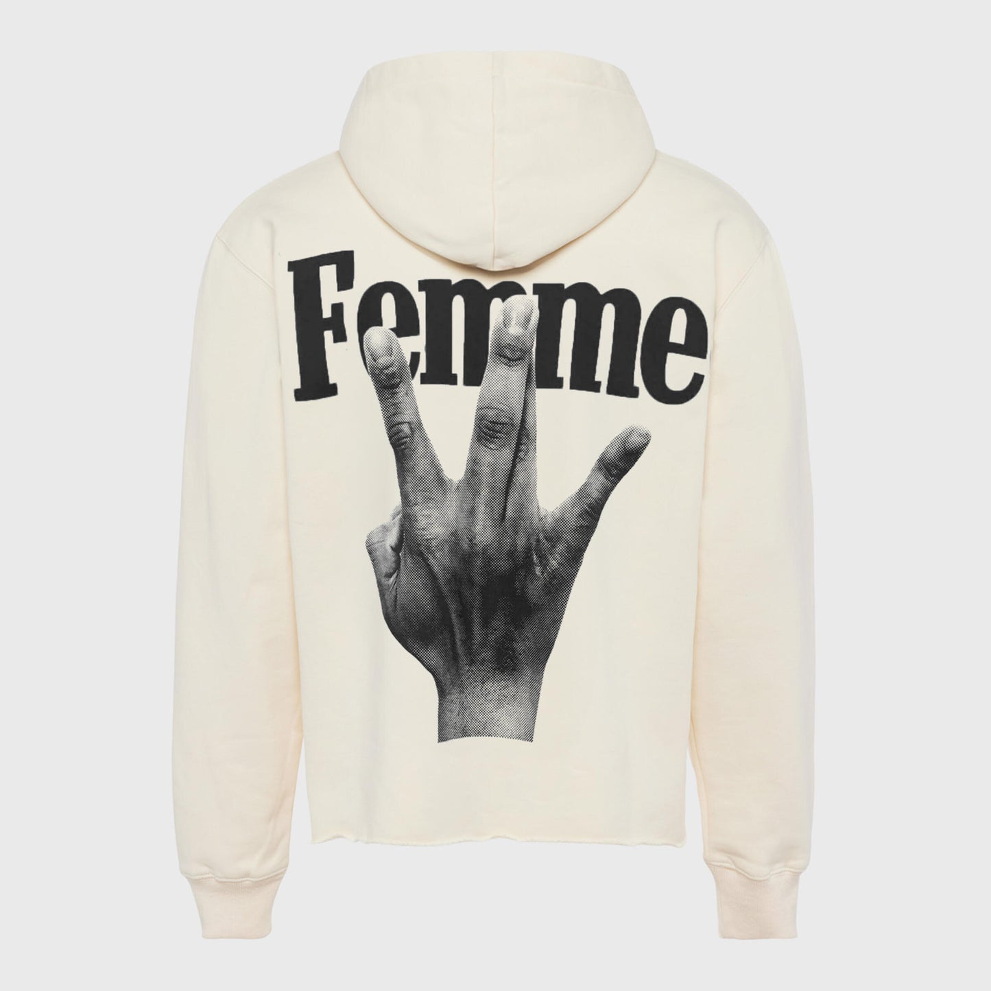 Stylish model wearing the red and black Homme + Femme Twisted Fingers Cream Hoodie, showcasing its unique design and comfortable fit