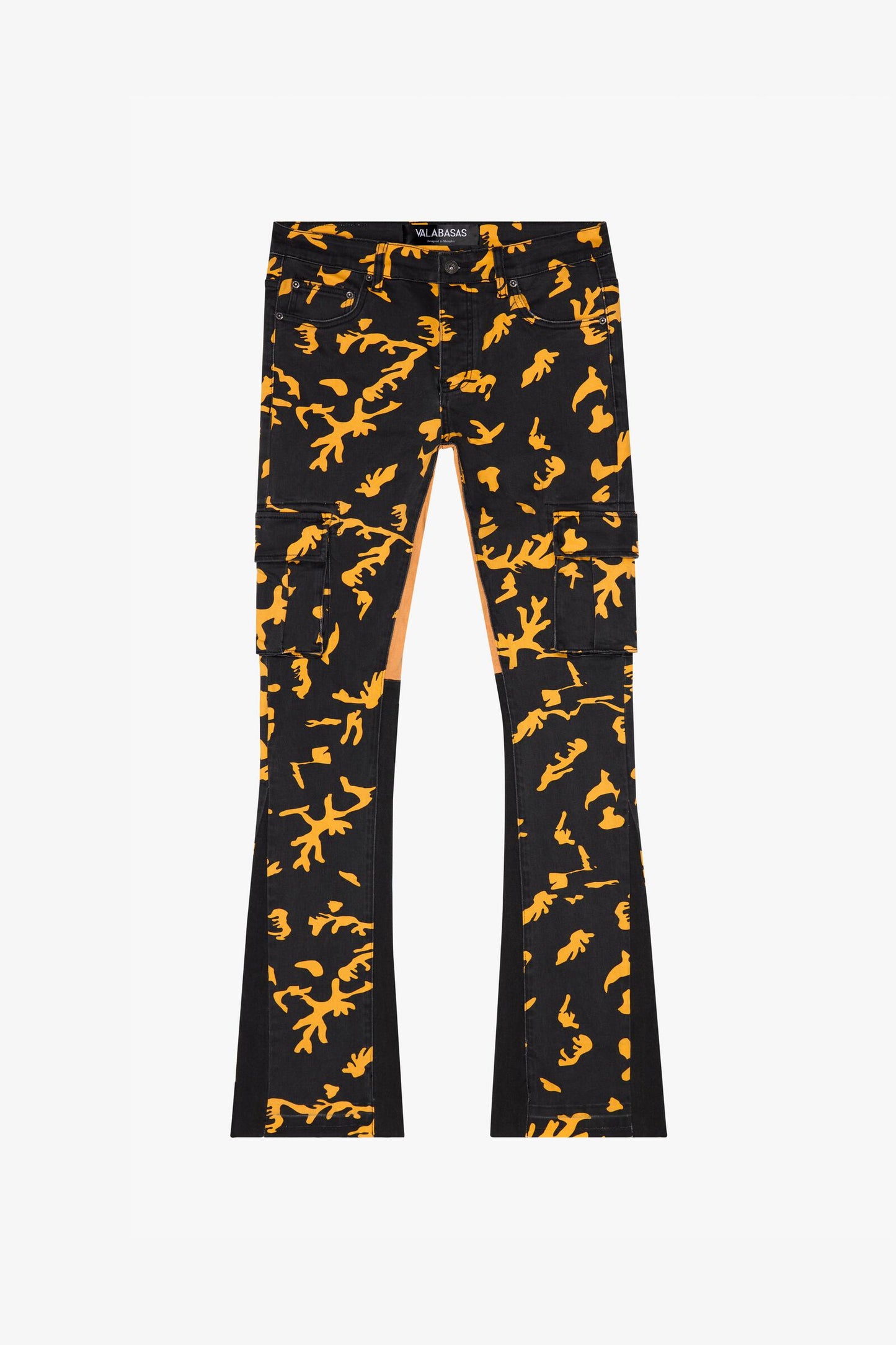Valabasas Commander Hornet Strike Stacked Flare Jeans in dark blue denim with distressed details and stacked flare silhouette