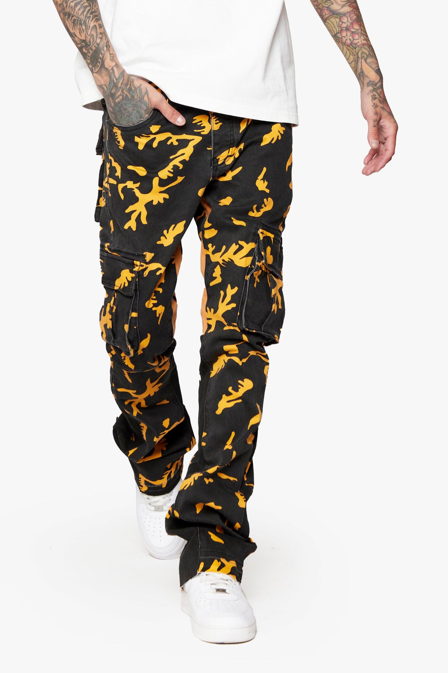 Model wearing Valabasas Commander Hornet Strike Stacked Flare Jeans, showcasing the high-rise fit and flare leg