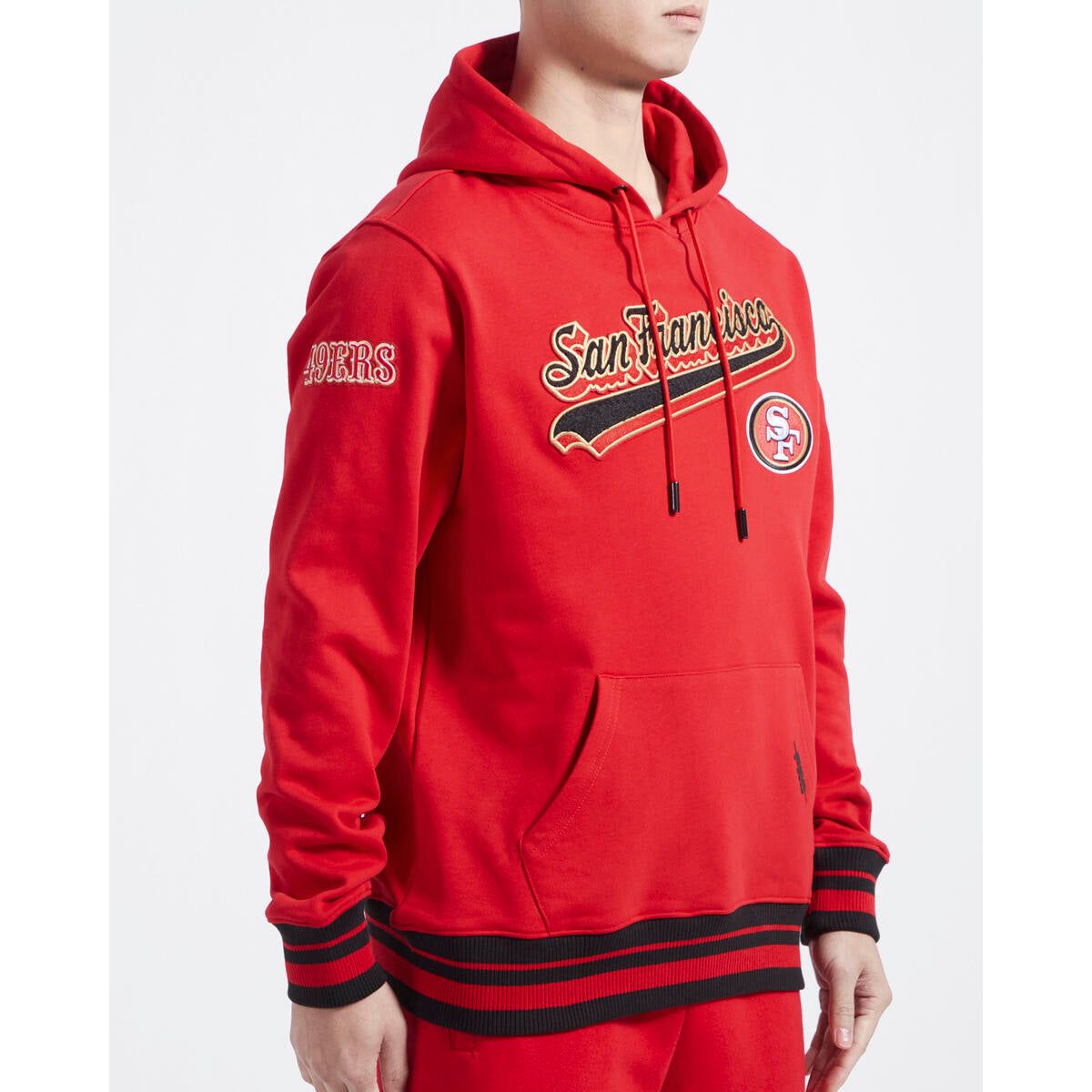 Red and black Pro Standard San Francisco 49ers Script Tail Rib FLC PO Hoodie with official team logo and ribbed hem and cuffs