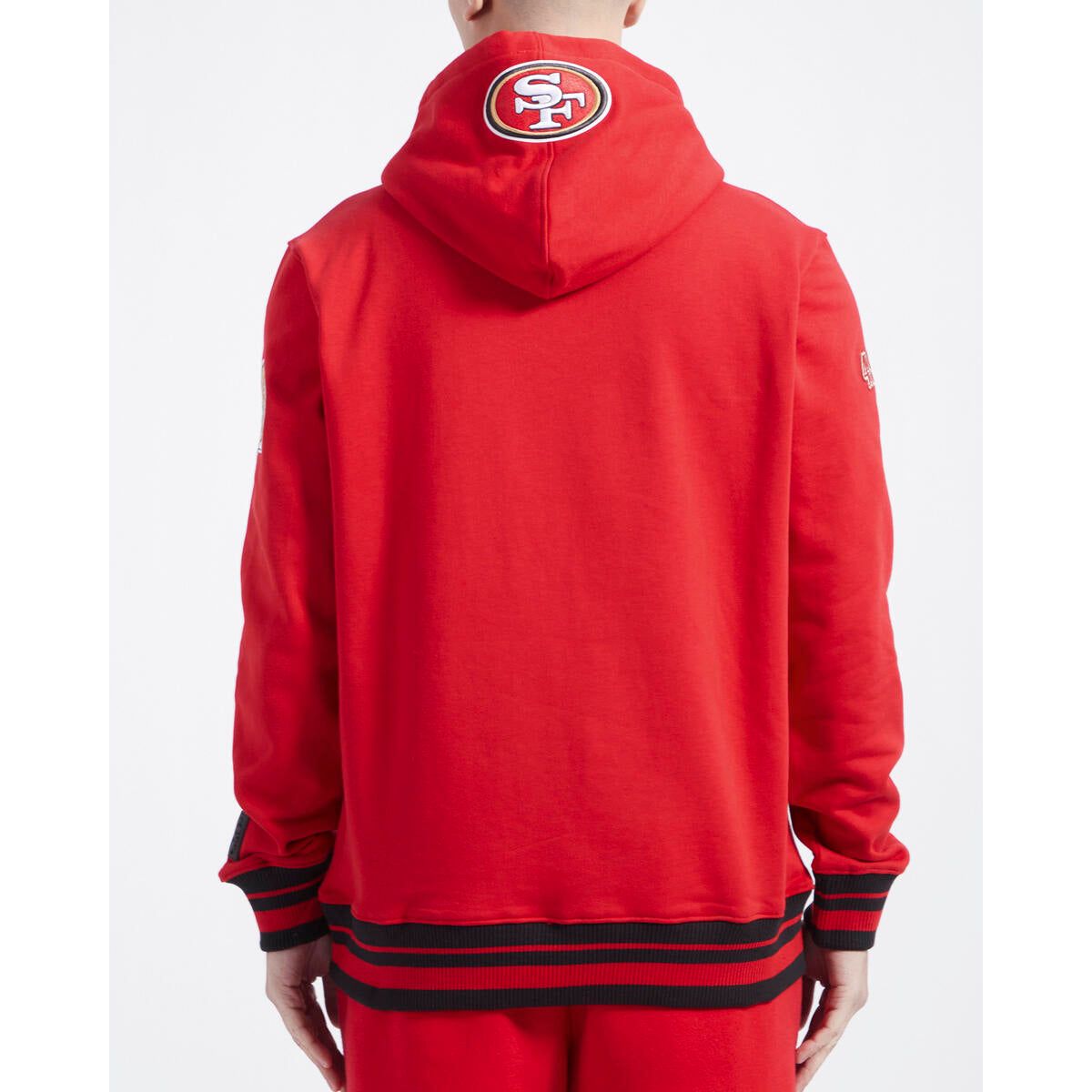Red and black San Francisco 49ers Script Tail Rib FLC PO Hoodie with Pro Standard logo in the front