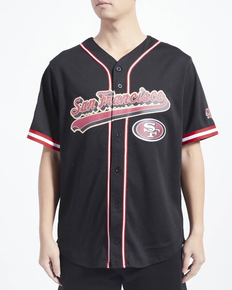 Pro Standard San Francisco 49ers Script Tail Mesh Button Up Jersey in black and red with team logo and lettering on the front