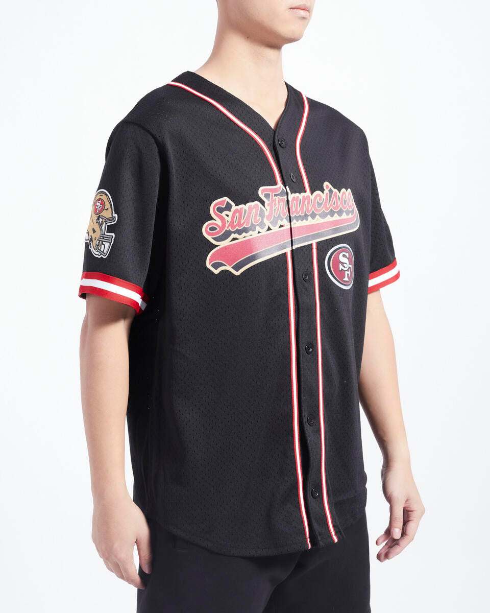 Officially licensed Pro Standard San Francisco 49ers Script Tail Mesh Button Up Jersey in black and red