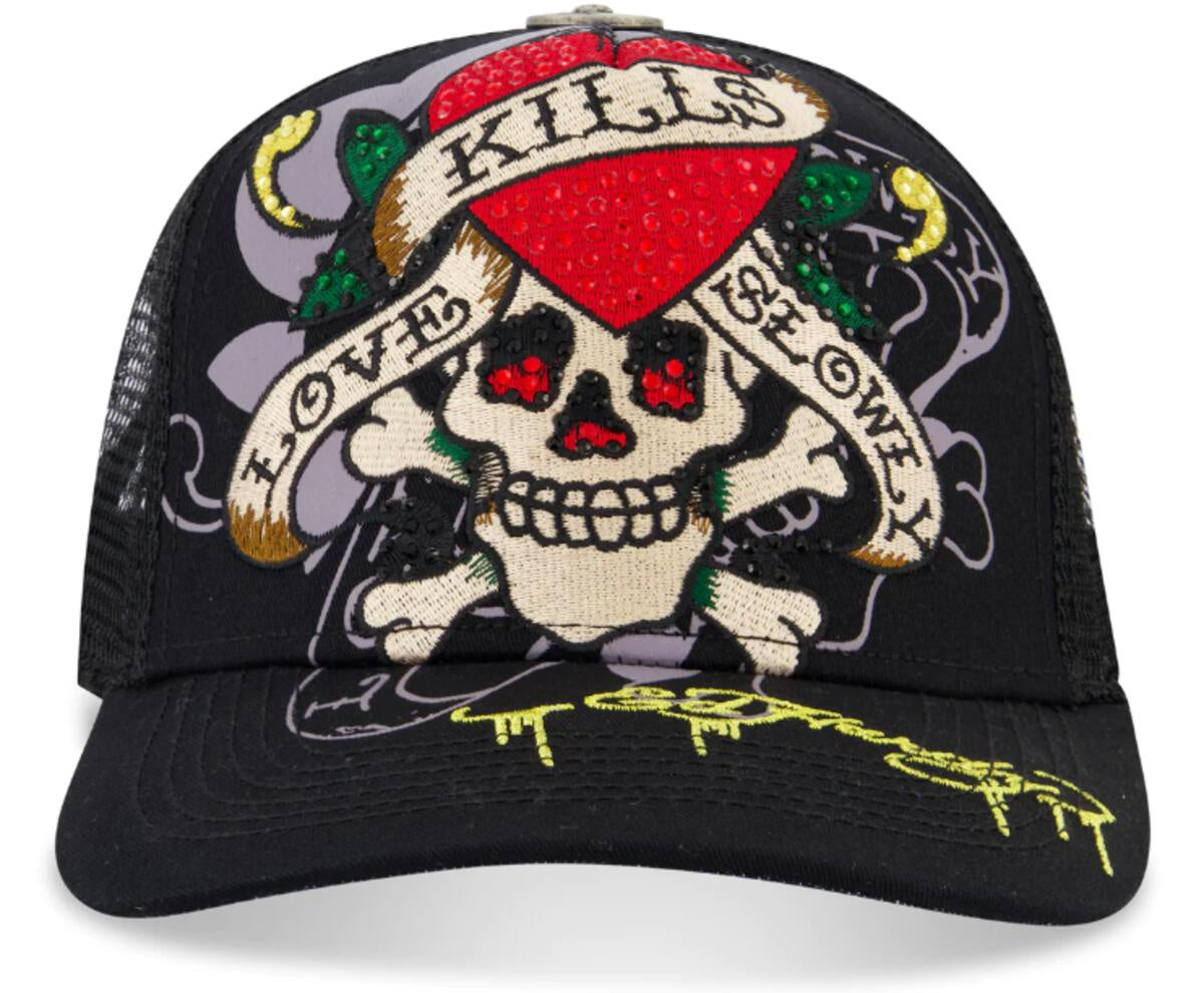 Black Ed Hardy Rhinestone Love Kills Slowly Skull Trucker Hat with intricate embroidered design and adjustable snapback closure