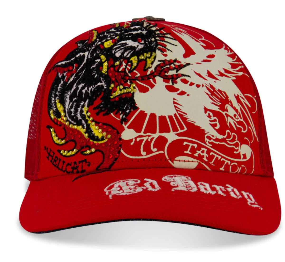 Red Ed Hardy Rhinestone Eagle Panther Trucker Hat with intricate embroidered details and mesh back