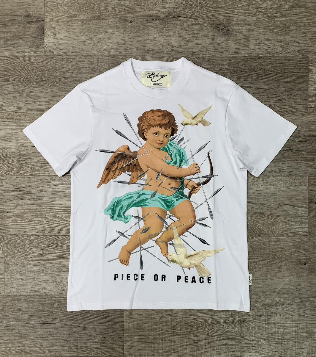 White oversized tee with black keys design, featuring 'Piece or Peace' text (T1068)