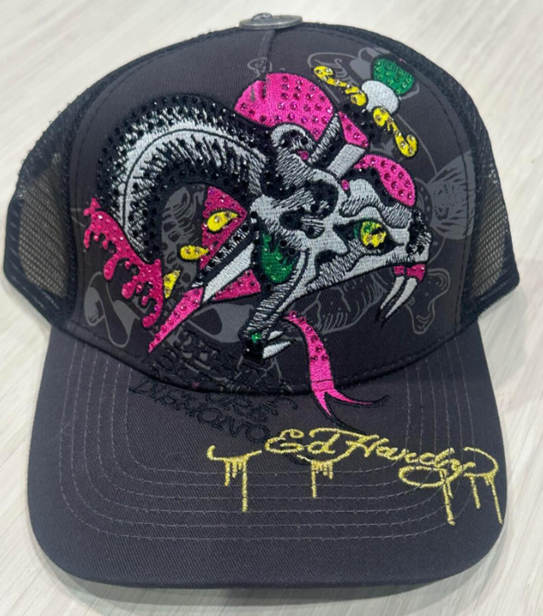 Charcoal pink Ed Hardy trucker hat with rhinestone dagger and snake design