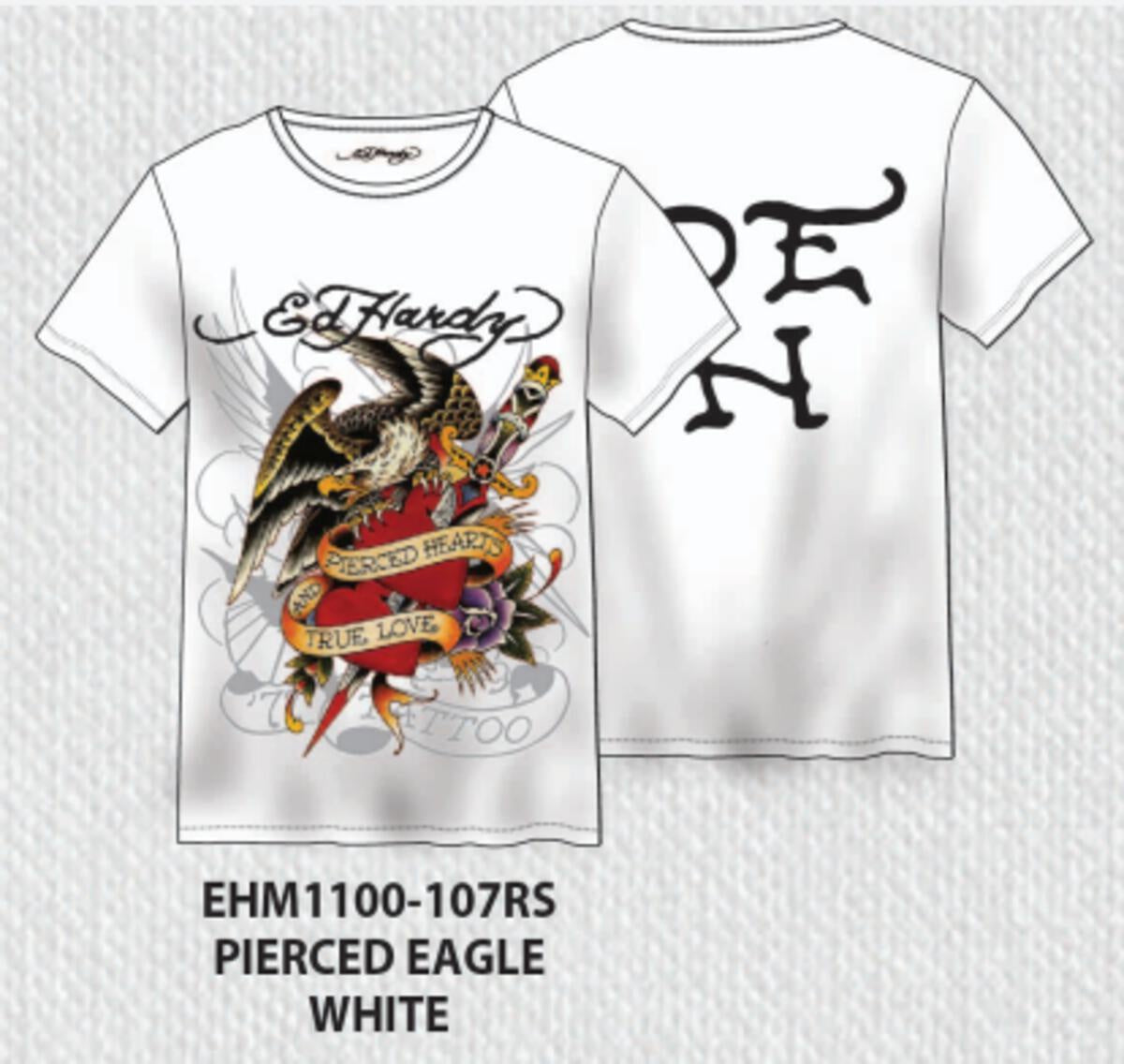 A close-up image of the Ed Hardy Rhinestone Pierced Eagle SS Tee in crisp white, featuring intricate rhinestone detailing and a bold eagle motif