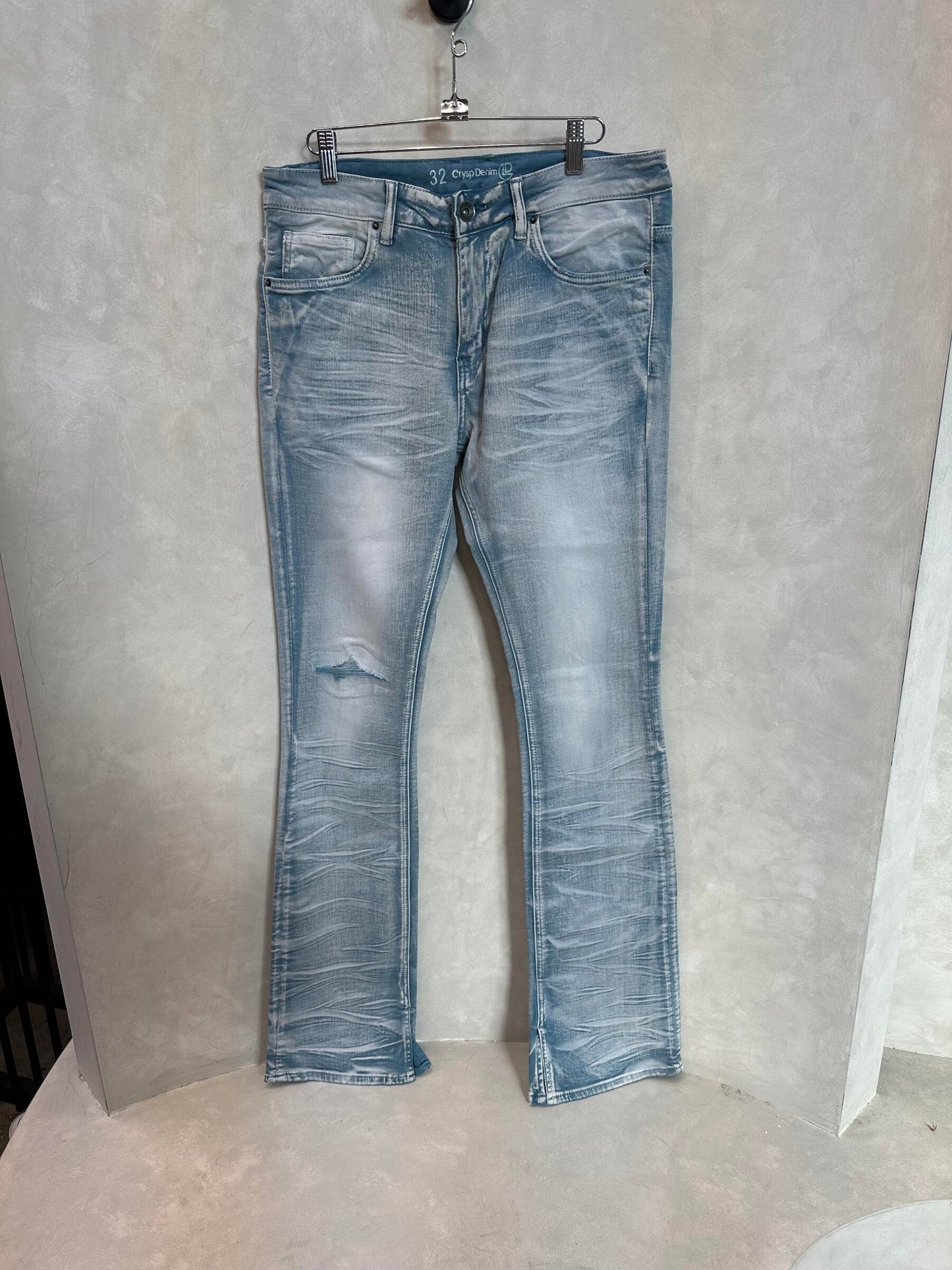 Crysp Denim Arch Marble Wash Stacked Denim Jeans - Front view showing unique marble wash design and stacked fit