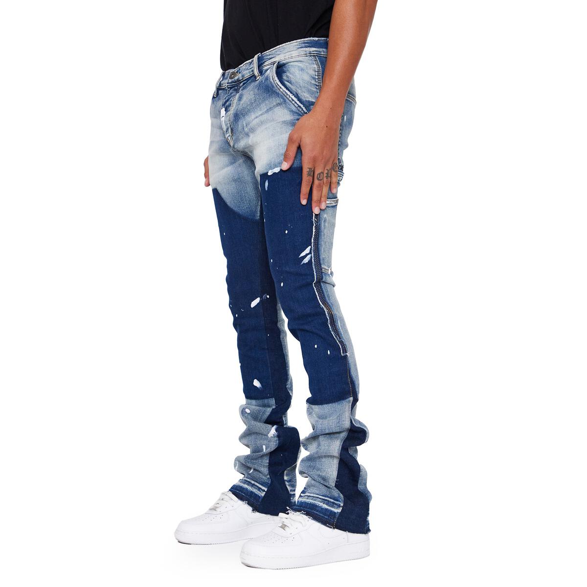 Fashionable Valabasas Alpha Blue Black Stacked Flare Denim Jeans with Button and Zipper Closure