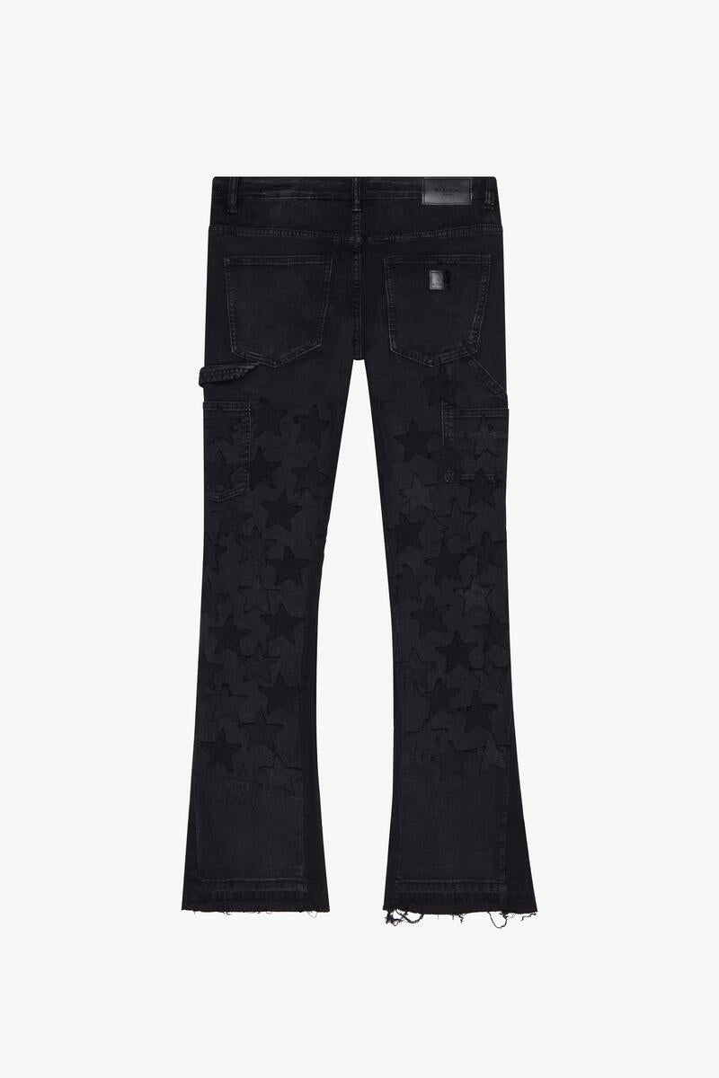 Close-up of Valabasas V-Stars Black Stacked Flare Denim Jeans showing high-quality stitching