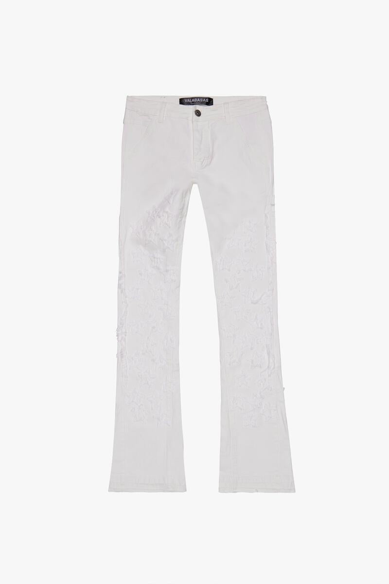 Valabasas V-Stars White Stacked Flare Denim Jeans with distressed details and frayed hems