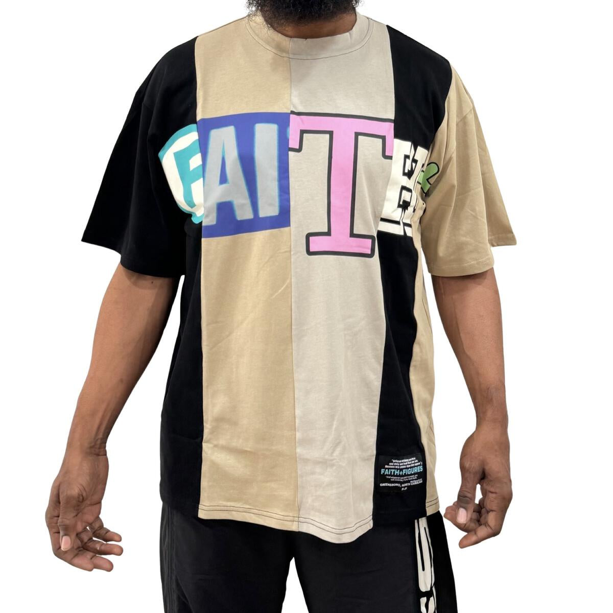 Black multi-colored short sleeve tee with Faith+Figures It's Just Us design