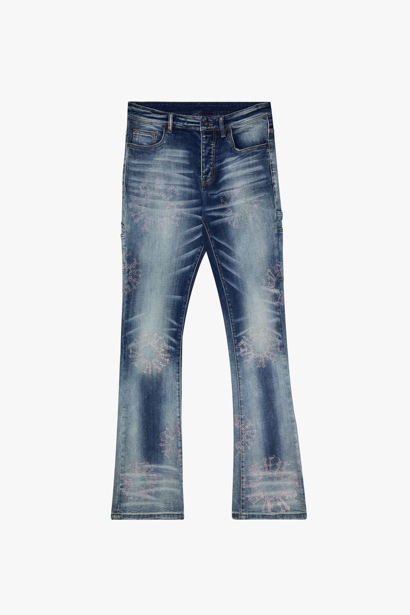 Front view of Valabasas 'Ringer' Dark Blue Wash Stacked Flare Jeans on a mannequin