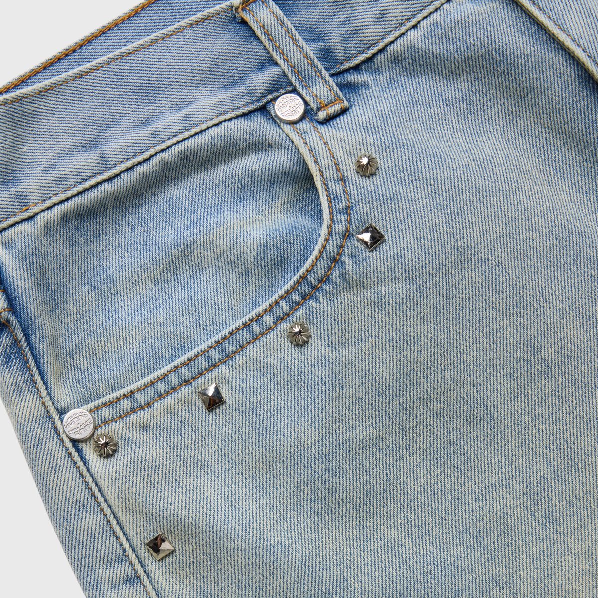 Trendy Homme + Femme Studded Denim Shorts - Blue Stone Wash with a vintage blue stone wash and edgy stud embellishments