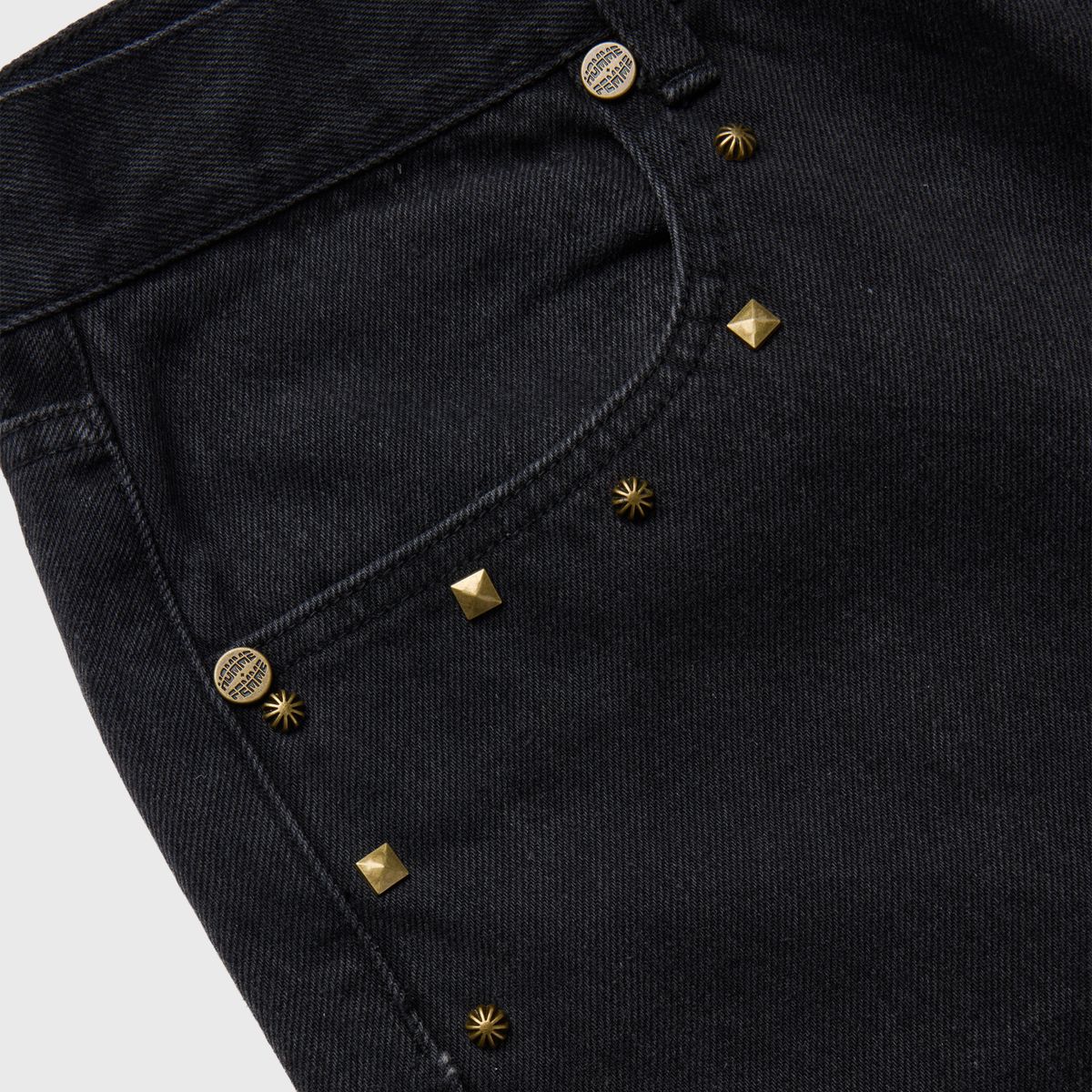 Pair of Homme + Femme black stone wash denim shorts with studded detail