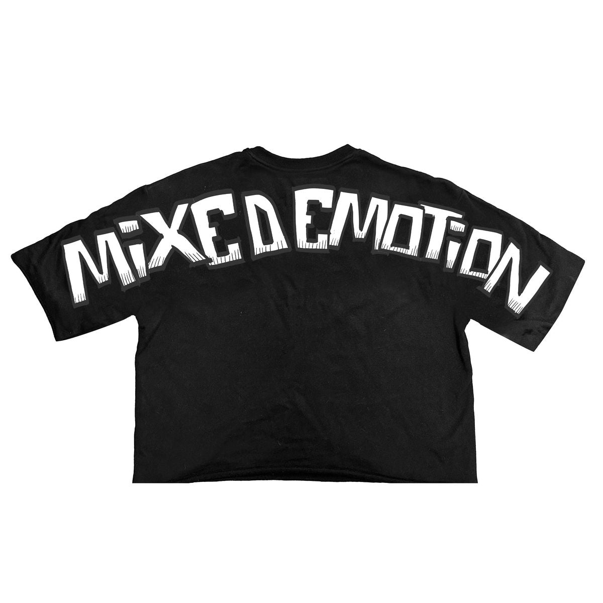 A stylish cropped black tee featuring a unique Monster design