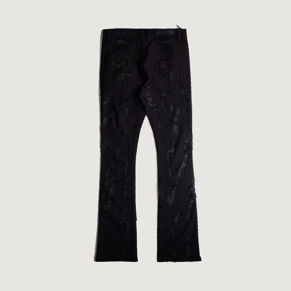 Embellish Kyoto Boro Flare Midnight Denim Jeans (EMBSUM24-035) in dark wash with unique distressed patches and flare silhouette