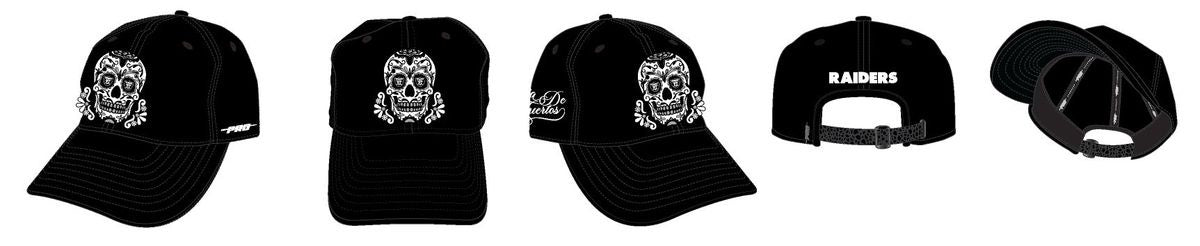 Black Pro Standard Las Vegas Raiders Sugar Skull Strapback Hat with intricate embroidered design and adjustable strap