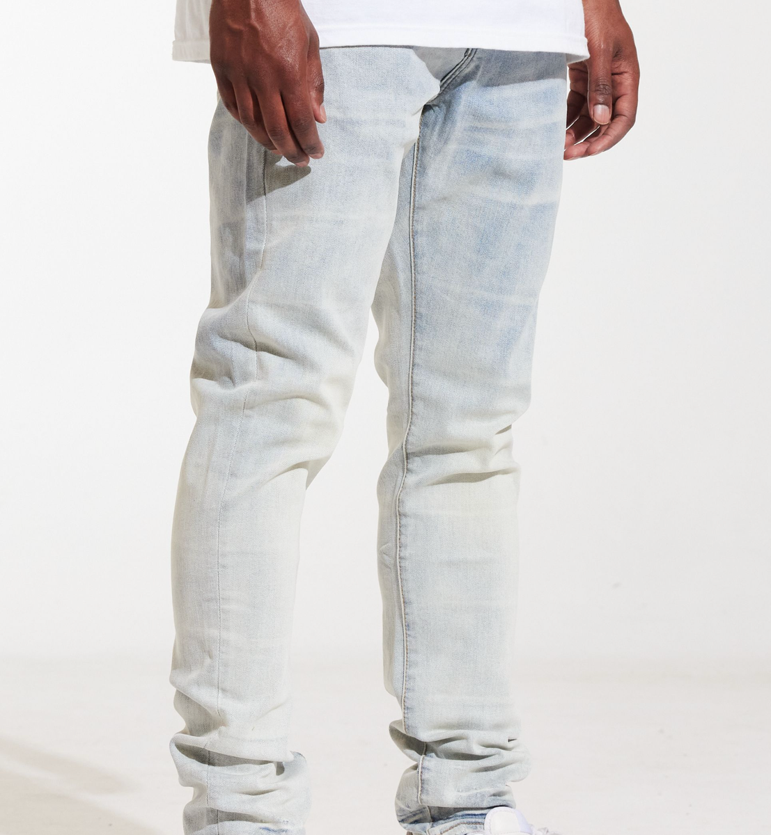 Close-up of Crysp Denim Atlantic Light Wash Denim Jeans with distressed detailing and classic five-pocket design (CRYSPSUM24-021)