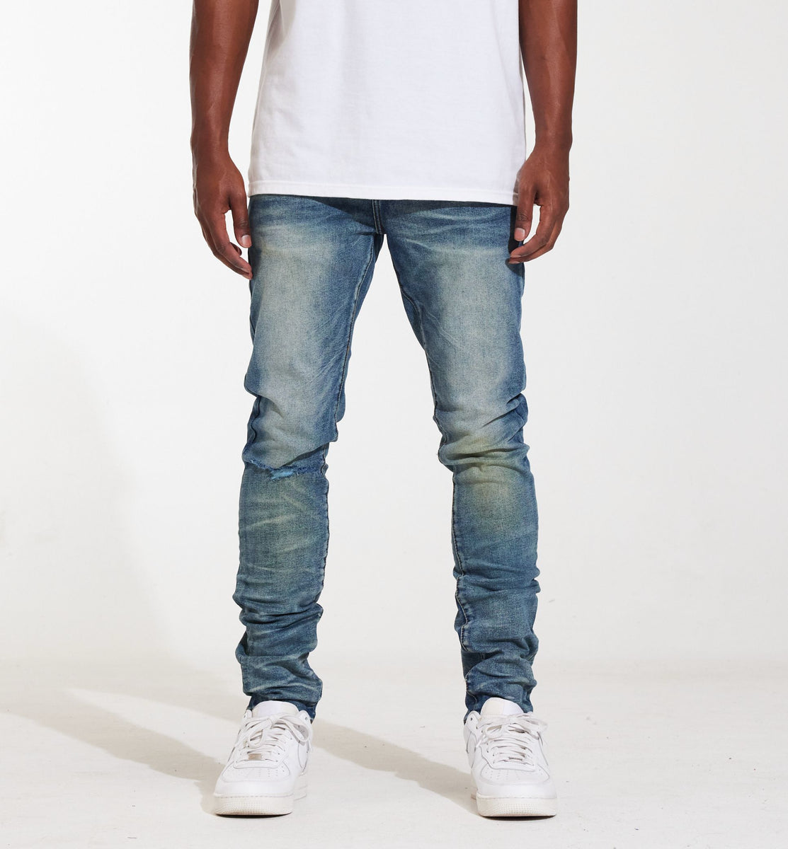 Crysp Denim Atlantic Medium Wash Denim Jeans (CRYSPSUM24-027) front view showing distressed detailing and classic five-pocket design