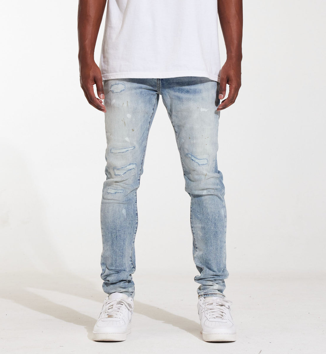 Crysp Denim Atlantic Light Paint Denim Jeans (CRYSPSUM24-028) in medium wash with distressed details and paint splatter
